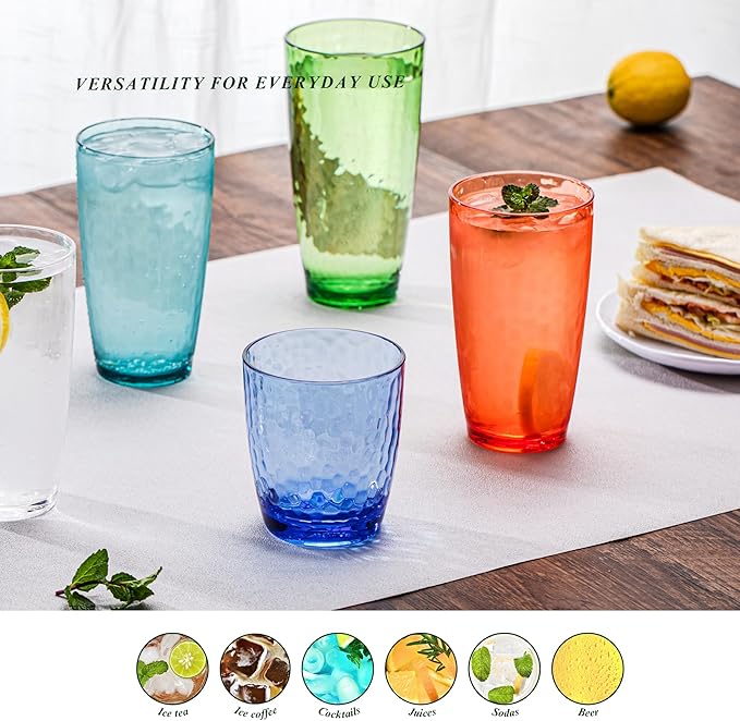 26oz Blue Acrylic Glasses Drinkware (Set of 6), Hammered Design Shatter-Proof Plastic Cups, Reusable Plastic Large Drinking Tumblers, Stackable, BPA-Free, Dishwasher-Safe