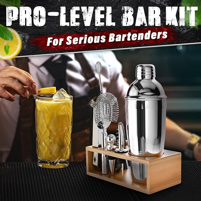 Cocktail Shaker Set of 10 – Stainless Steel Mixology Bartender Kit with 10 Accessories, Easy to Clean Bar Tool Set | Wooden Organizer for Home Bar Setup, Great Gift for Cocktail & Drink Enthusiasts
