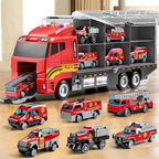 Toddler Boys Toys for 3-5 Years Old, Fire Truck Vehicle Set with Play Mat and Die-Cast Toy Car, Transport Carrier Truck for Kids 3-5, Birthday Gifts Toys for 3-8+ Year Old Boys