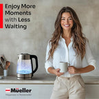 Mueller Rapid Boil Electric Tea Kettle 1.8L – Borosilicate Glass & Stainless Steel – BPA-Free Hot Water Boiler, LED Light, Auto Shut-Off, Boil Dry Protection Fast Water Heater – Kitchen Appliances