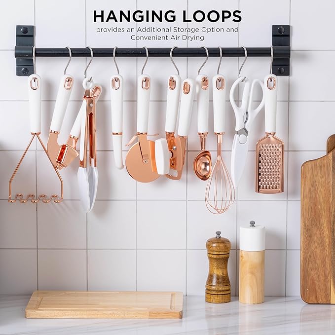 COOK WITH COLOR Kitchen Gadget Set Copper Plated Stainless Steel Utensils with Soft Touch Handles, Copper White, 10 Pieces