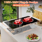 2 Electric Burner, 2000W Plug in Portable Cooktop, 110V Countertop Stove, Built-in Ceramic Hot Plate Dual Burner with 9 Power Levels, Timer, Safey Lock, Compatible with ALL Cookware