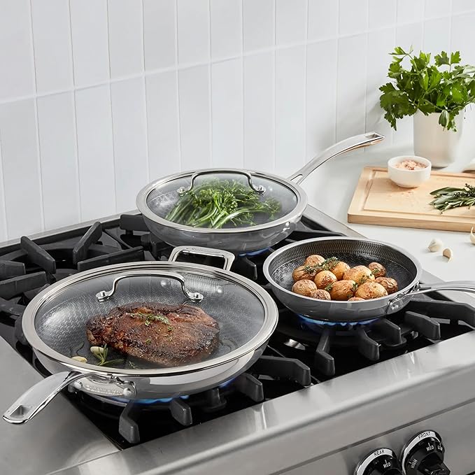 Cuisinart FusionPlus Hybrid Nonstick Stainless Steel Cookware Set, 5-Piece Skillet Cooking Set with PFAS-Free PURELYSEAR Ceramic Non Stick Technology, Scratch Proof, Cool Grip Handles, Dishwasher Safe