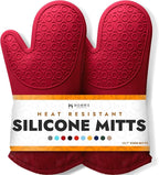 BPA-Free Silicone Oven Mitts Ultra Heat Resistant up to 500°F - Oven Mitts with Thick Cotton Liner - Long Slip Resistant Pot Holders, Flexible Oven Gloves - Canyon Red 13.7