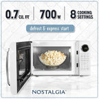 Nostalgia Retro Microwave Oven - 0.7 Cu Ft, 700-Watt Countertop Size with Glass Turntable, Child Safety Lock, 8 Auto-Cook Programs, Digital Clock - White