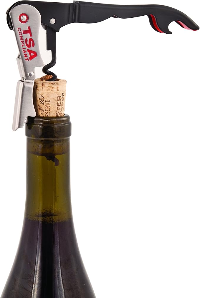 True Jetsetter TSA Compliant Double Hinged Waiters Corkscrew Wine Opener, Durable Stainless Steel with Built-in Bottle Opener and Foil Cutter for Travel, Outdoor Adventures, Home Bar, Set of 1, Black