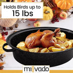 Millvado Roasting Pan With Lid, Turkey Roaster Pan, Extra Large 15 lb Capacity, 18" Granite Oven Roaster Oval Shaped Speckled Enamel on Steel Cookware