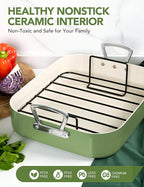 MICHELANGELO Nonstick Ceramic Roasting Pan with Rack, Turkey Roasting Pan with Ceramic Coating, Turkey Roaster Pan with Stainless Steel Rack, 15 Inch x 13 Inch - Green
