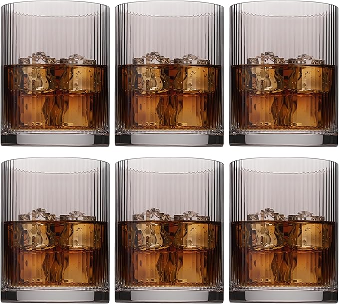 Physkoa Grey Ribbed Drinking Glasses Set of 6 – 9oz Vintage Smoke Grey Glassware, Embossed Ribbed Tumbler Cups for Juice, Water, Cocktail, Iced Coffee