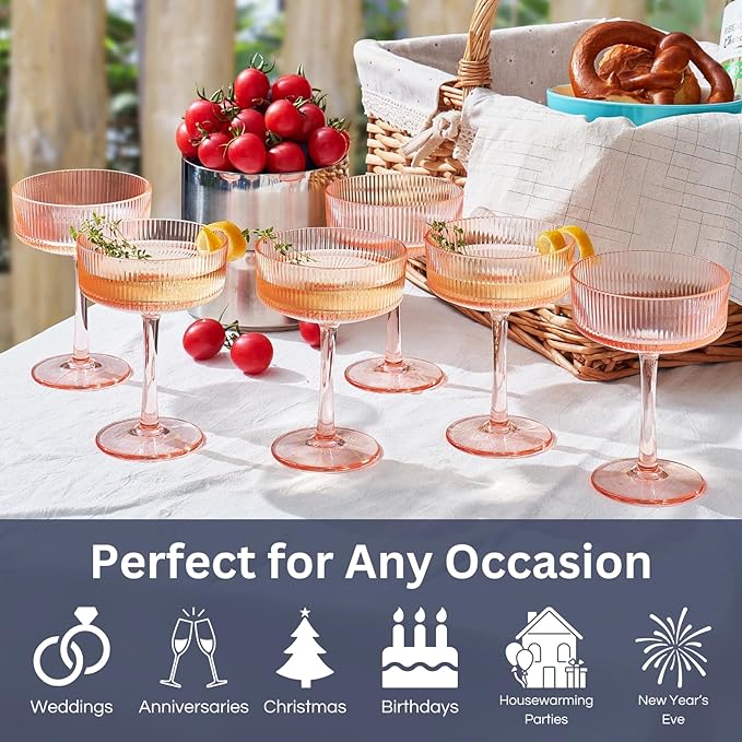 Khen Shatterproof Acrylic Ribbed Vintage Art Deco Martini, Champagne & Cocktail Coral Peach Pink Plastic Coupe Glasses | Set of 2 | 8 oz Ripple Glassware Indoor & Outdoor Gift