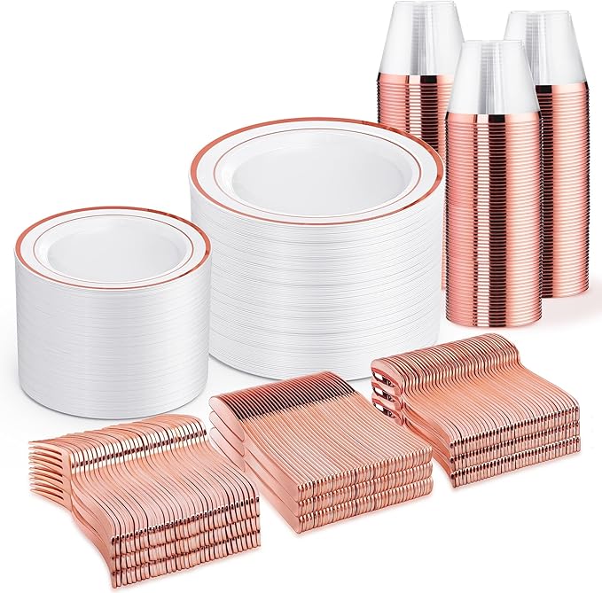 WELLIFE 600 PCS Rose Gold Disposable Dinnerware Set for 100 Guests, Valentine's Day Plate, 100 Each-Dinner & Salad Plates, Cups, Forks Knives Spoons for Wedding Reception and Mothers Day Plates
