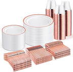 WELLIFE 600 PCS Rose Gold Disposable Dinnerware Set for 100 Guests, Valentine's Day Plate, 100 Each-Dinner & Salad Plates, Cups, Forks Knives Spoons for Wedding Reception and Mothers Day Plates
