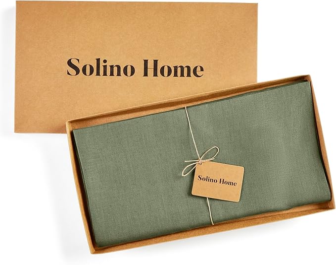 Solino Home Linen Square Tablecloth 52 x 52 Inch - 100% Pure Linen Oil Green Table Throw - Fete, Machine Washable Table Cloth for Christmas, New Year