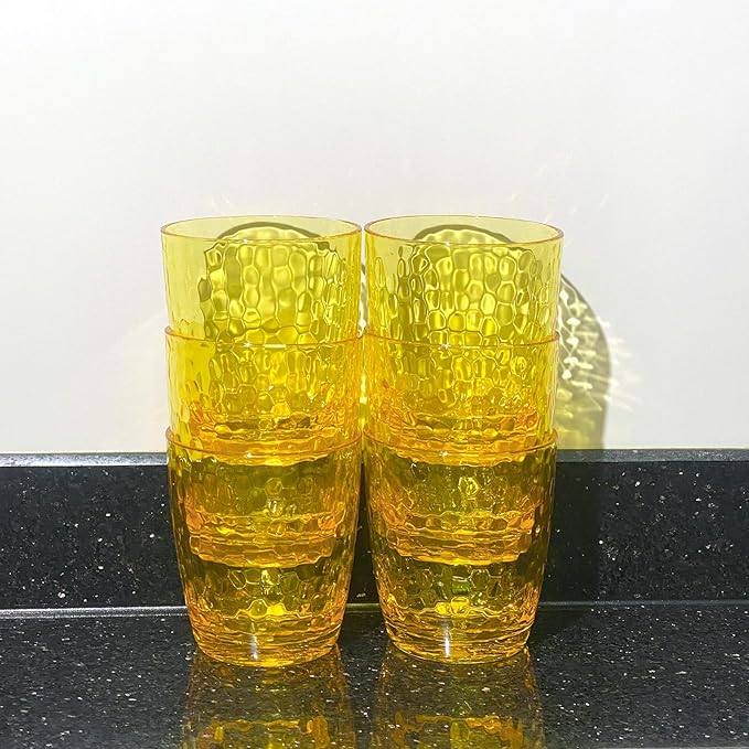 Set of 6 Hammered Style 15-ounce/430ml Acrylic Glasses Plastic Tumbler,BPA Free,Dishwasher Safe (Yellow)