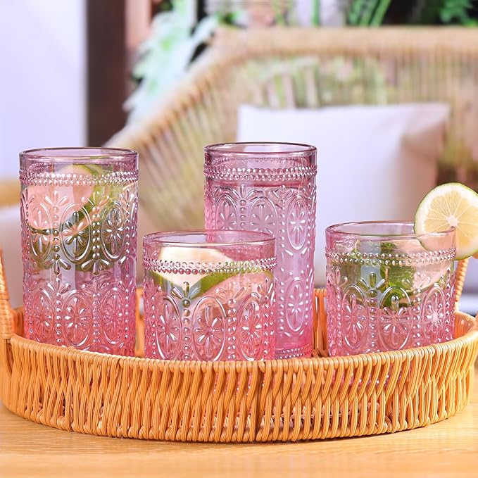 Darlion Pink Glassware Set of 4, Vintage Drinking Glasses, Colored Glassware Drinking, Highball Embossed Beverage Glasses Cup for Party Wedding Home Office and Gift (2pcs12oz+2pcs10oz