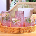 Darlion Pink Glassware Set of 4, Vintage Drinking Glasses, Colored Glassware Drinking, Highball Embossed Beverage Glasses Cup for Party Wedding Home Office and Gift (2pcs12oz+2pcs10oz