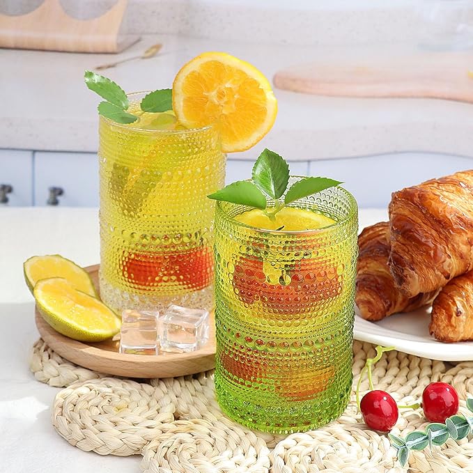 Hobnail-Drinking Glasses 13oz Vintage Glassware Sets Cocktail Juice Glasses Set of 6, Light Green