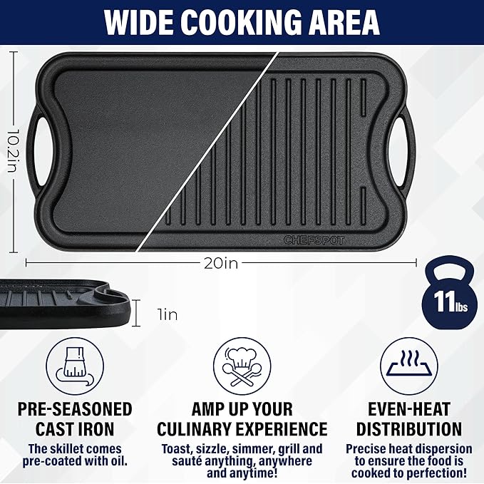 Griddle Pan for Stove Top – 20" Reversible Cast Iron Double Burner Griddle Plate, Multi-Use Preseasoned Pancake Pan with Handles - Works on most Stovetops, Grills, and Fire