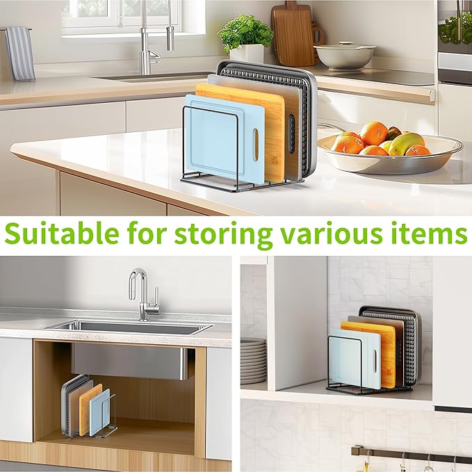 Kitchen Organizer Rack - 4-Slot Heavy-Duty Holder for Cutting Boards,Cookware – Rust-Resistant, Space-Saving Design with Non-Slip Feet for Countertop and Cabinet Storage (1 Pack)