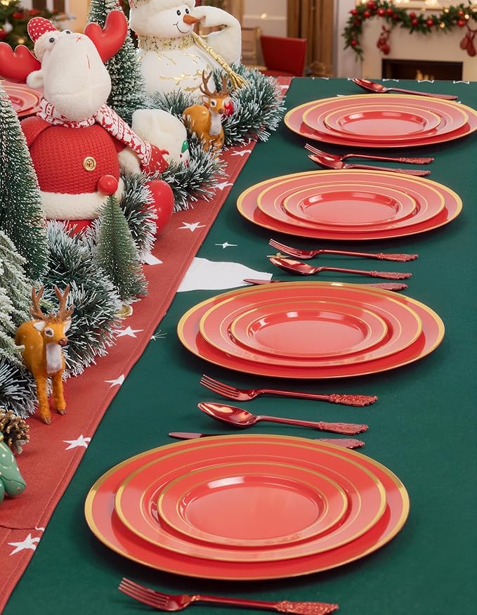 WDF 25PCS Red Plastic Charger Plates - 12inch Red and Gold Chargers for Dinner - Disposable Charge Plates - Perfect for Christmas/Party/Elegant Tabletop Decor