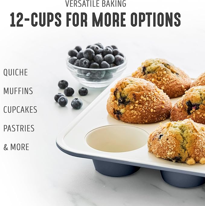 GreenLife 12-Cup Muffin Pan, PFAS-Free Healthy Nonstick Baking Tray, 11.4" x 1.9" x 15.9", Durable Ceramic Bakeware, Cupcakes, Egg Bites, Tarts, Brownies, Black