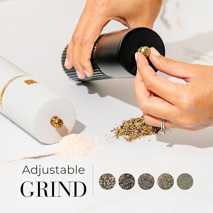 Wooden Salt and Pepper Grinder Set – Refillable Manual Salt and Pepper Mills with Adjustable Ceramic Burrs, Gold Detailing, and Wood Stand – Black and White