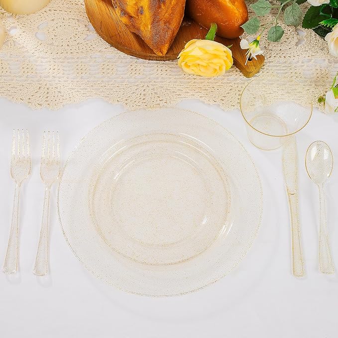 WELLIFE 600 PCS Gold Glitter Disposable Dinnerware Set for 100 Guests, Plastic Plates for Party, Including 100 Dinner Plates, 100 Salad Plates,Cups,Silverware Set for Wedding and Party Supplies