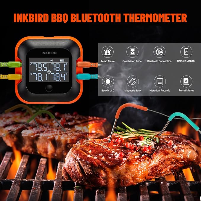 Inkbird 150ft Bluetooth Meat Thermometer with 4 Colored Probes, Temperature Graph Real-time Check & Download BBQ Grill Thermometer for Kitchen Food Smoker Thermometer IBT-24S, Rechargeable
