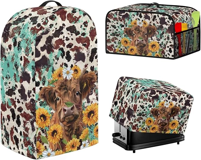 Highland Cow 4 Slice Toaster Blender Slow Cooker Covers Daisies Dust Proof Bag Covers Sunflower Kitchen Accessories Set Splash Resistant Keep Appliance Clean 3 Pieces