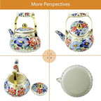 Blue Floral Enamel Tea Kettle Vintage Gold Beige Teapot Blue Floral Boho Hot Water Coffee Kettle Pot 2.5L Porcelain Tea Pot with Ceramic Handle for Stovetop Kitchen Home Decor