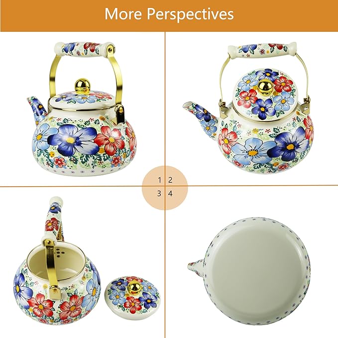 Blue Floral Enamel Tea Kettle Vintage Gold Beige Teapot Blue Floral Boho Hot Water Coffee Kettle Pot 2.5L Porcelain Tea Pot with Ceramic Handle for Stovetop Kitchen Home Decor