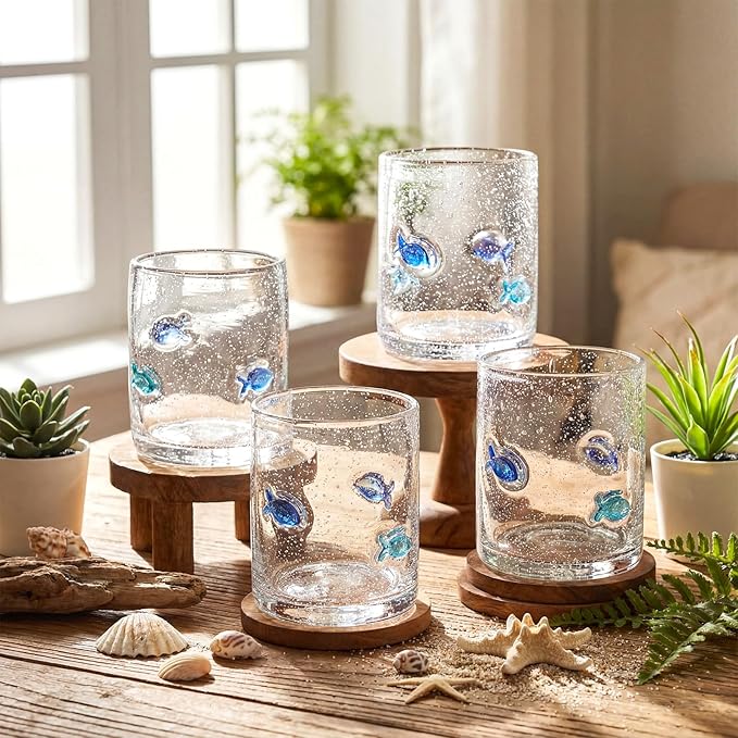 Vesici 4 Pcs Fish Icon Juice Glasses 14 oz Christian Drinking Glass Cups Hand Blown Fish Cocktail Wine Glassware Cup for Summer Party Supplies Holiday Gifts
