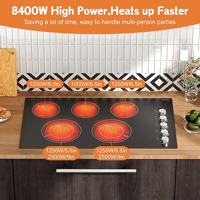 Karinear 36" Electric Cooktop 5 Burners, Knob Control Electric Stove Top, 9 Power Levels, Residual Heat Indicator, 8400W, 40A, 240V Hardwire(Sliver)