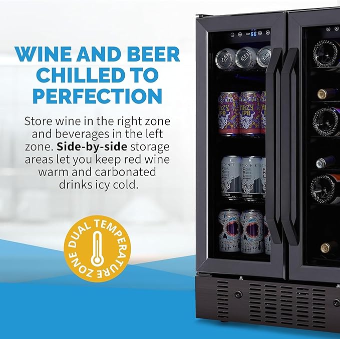 NewAir 24" Dual Zone Wine and Beverage Refrigerator, 18 Bottle & 58 Can, French Door Built-In Fridge with Lock, Black Stainless Steel Cooler, Digital Thermostat, Adjustable Shelves