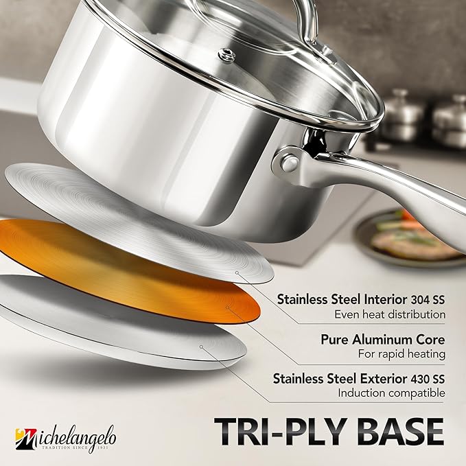 MICHELANGELO Saucepan Set 6pc with Steamer Insert, 18/10 Stainless Steel Sauce Pans with Lids, Tri-Ply Bottom Sauce Pots, Induction Compatible, 1QT & 2QT & 3QT