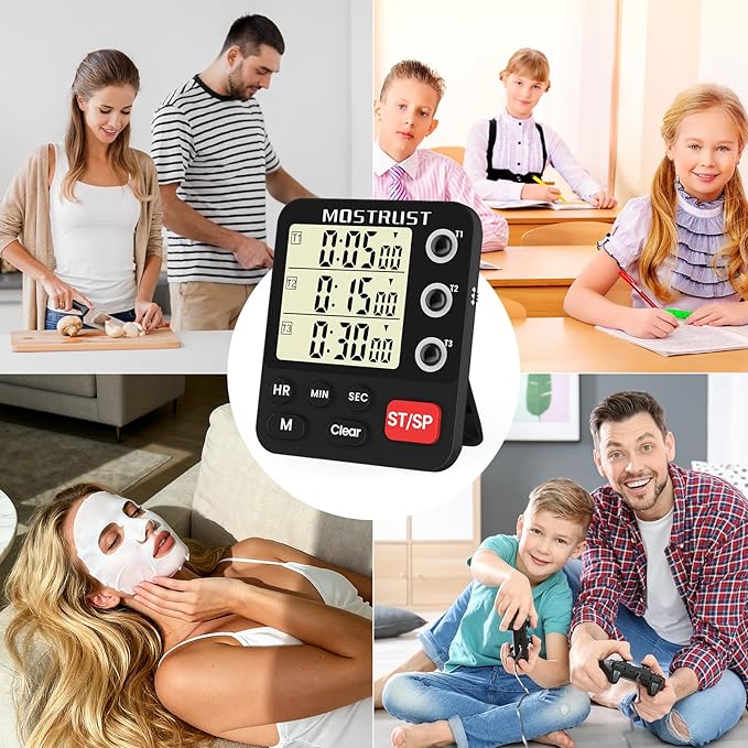 Digital Dual Kitchen Timer, 3 Channels Triple Countdown Timer for Cooking, Magnetic Memory-Preset Large Display Adjustable Volume, Multi Time Management, 3A Battery Included, Black