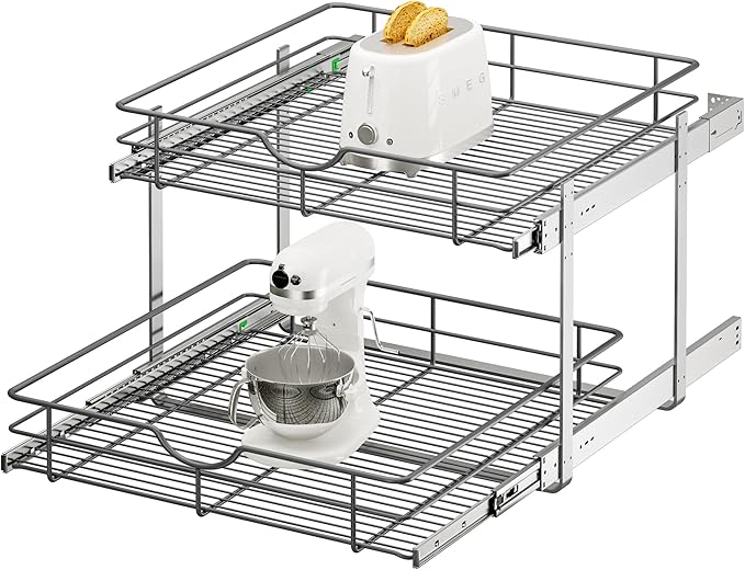 ALINE FURNITURE 2-Tier Pull Out Cabinet Organizer - 23" W x 22" D Soft Close Pullout Shelves with Shelf Liners - Slide Out Drawers for Kitchen Cabinets, Pantry, Bathroom, Heavy Duty Steel Wire Baskets