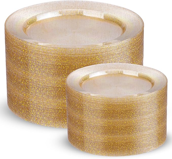 200 Pcs Gold Glitter Plastic Plates - Disposable Party Plates, Gold Glitter Disposable Plate Include 100 Dinner Plate and 100 Dessert Plate, Plastic Plate for Party, Holiday, Wedding & Birthday