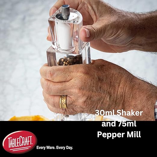 TableCraft 11832, Acrylic Salt and Pepper Mill Combo, 2-in-1 Grinder and Shaker, Clear, 30ml Shaker / 75ml Grinder, Break-Resistant, Square Design, Commercial Foodservice Grade
