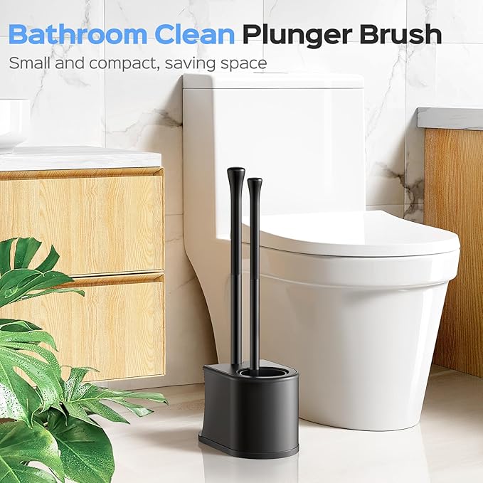HAMITOR Toilet Plunger and Brush Set: 2 in 1 Stainless Steel Combo with Curved Bristles - Heavy Duty Toilet Unclogging for Family Bathroom - Compact Hideaway Apartment Cleaning Accessories - Black