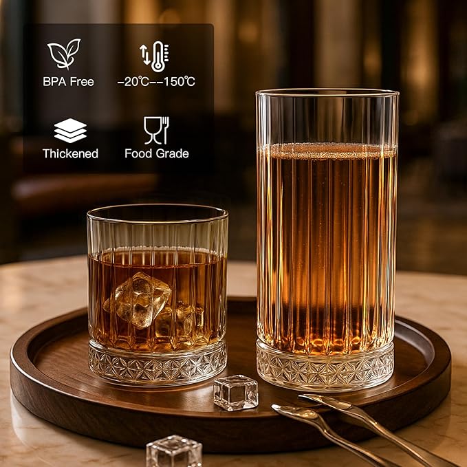 Ruckae Drinking Glasses Set of 8,15 oz and 7 oz Kitchen Water Glass Cups Set,Clear Ribbed Glassware Dishwasher Safe,Mixed Drinkware for Beer,Juice,Cocktail,Whiskey,Milk and Various Mixed Drinks