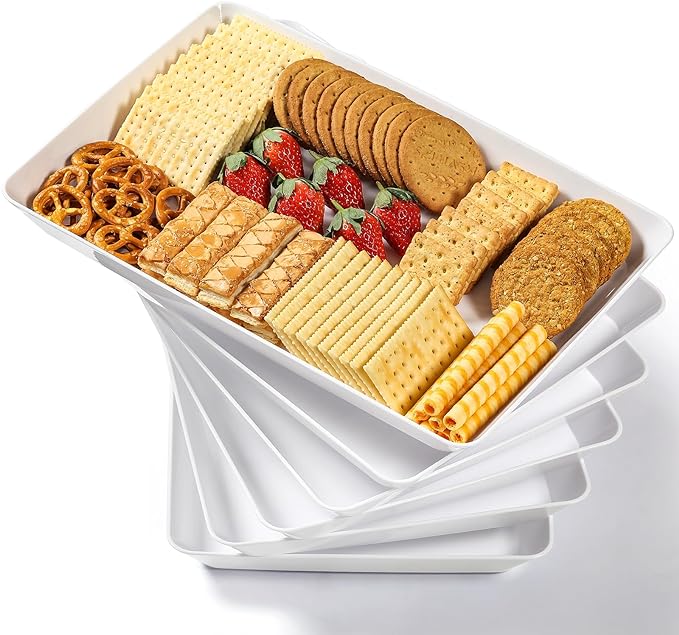 6 Pack, 16" x 11" Large White Serving Trays Set - Reusable Plastic Serving Platters for Cookie, Appetizer, Charcuterie, Snack, Dessert, Party Food Display - Stackable Kitchen CounterTop Tray, BPA Free