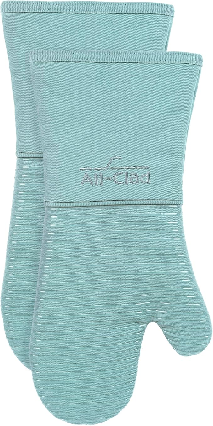 All-Clad Silicone Oven Mitts: Heat Resistant up to 500 Degrees - 100% Cotton & Silicone, 14"x7" Oven Mitt for Kitchen and Barbeque, 2-Pack, Rainfall
