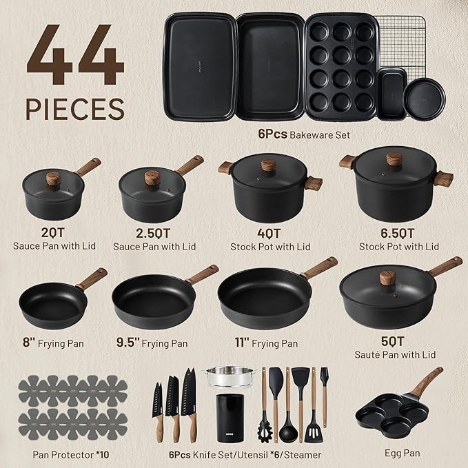 CAROTE 44pcs Nonstick Kitchen Titanium Cookware Sets, Nonstick Pots and Pans, Induction Cookware Set Kitchen Cooking Sets, Non Stick w/Frying Pan,Black