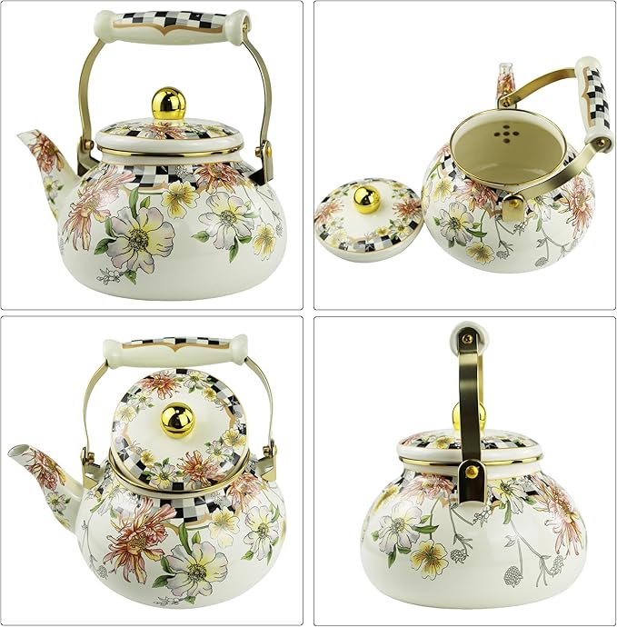 Enamel Tea Kettle, Bohemia 2.5L Vintage Floral Enamel Steel Teapot for Stovetop - No Whistling, Lead-Free, Retro Decor & Hot Water/Coffee Tea Pot, Ideal Housewarming/Wedding Gift