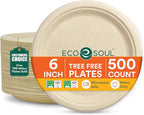 ECO SOUL Compostable Paper Plates 6 Inch (500 Count) Plates for Christmas Dessert, Heavy Duty, Eco-Friendly Sugarcane Bagasse Small Plates For Appetizer- Natural Brown
