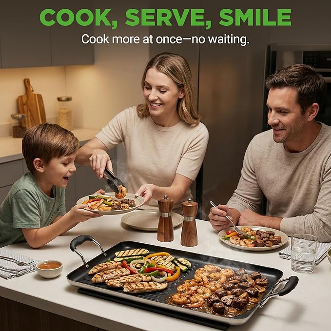 NutriChef 24" Stove Top Griddle Pan, Nonstick Double Burner Grill & Griddle Combo, Ridged & Flat Surfaces, Suitable for Frying & Searing, Cool-Touch Handles, Easy to Clean, Black