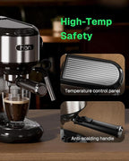HBN 20 Bar Espresso Machine with Milk Frother, Compact Espresso Maker for Ground Coffee, Stainless Steel Coffee Machine with Steam Wand & 34oz Removable Water Tank, 1450W for Home & Office