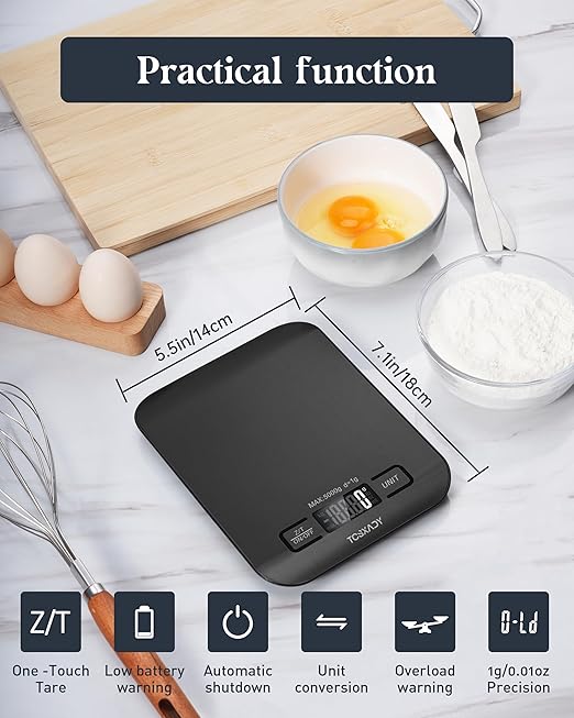 Food Scale, 11lb Kitchen Scale with 6 Units LCD Display and Tare Function, 0.05oz/1g Digital Kitchen Scale Compact Design for Baking, Healthy Cooking, Meal Prep, 304 Stainless Steel Black