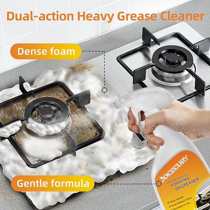 Jocecury 500ML Kitchen Foam Cleaner, Multipurpose Grease Cleaner Spray for Pots, Pans, Surfaces & Appliances with Dual-Spray nozzle,No-rinse Formula